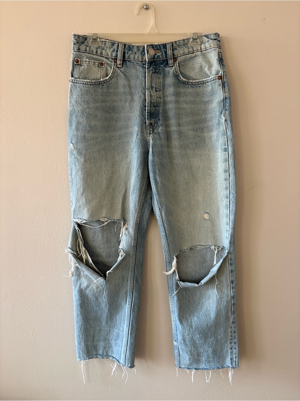 Zara Light Blue Distressed Relaxed Straight Leg Jeans, Women’s  8